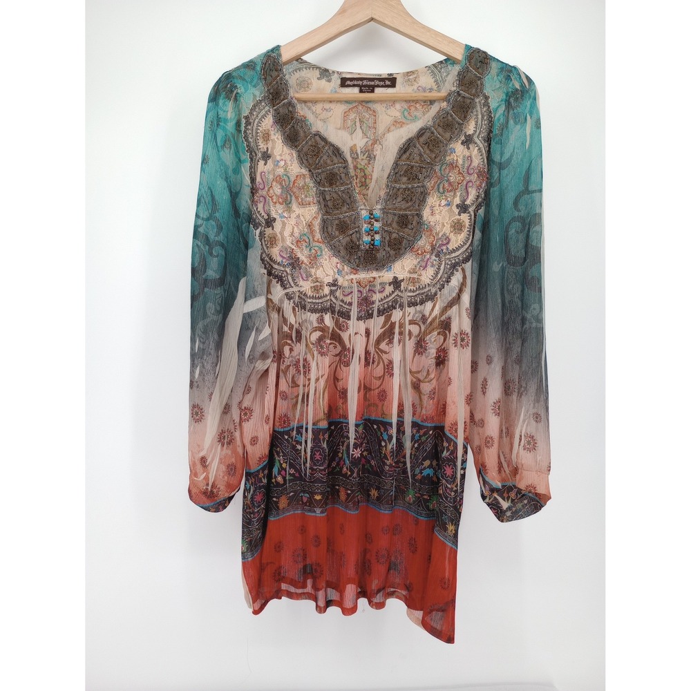 Mushka Sienna Rose Tunics Women Large Teal Orange Paisley Beaded Boho Chiffon